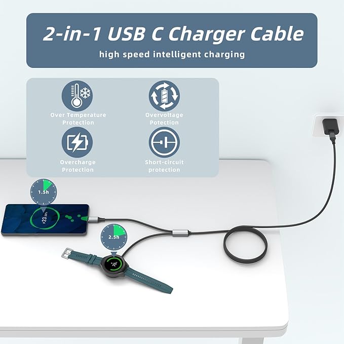 USB C 2 in 1 Multi Fast Charger Charging Cable for Samsung Galaxy Watch 8/8 Classic/7/FE/Ultra/6/6 Classic/5/5 Pro/4/4 classic/3/Active 2/Active & Galaxy S25/S24/S23/S22/21/20 Note-4FT
