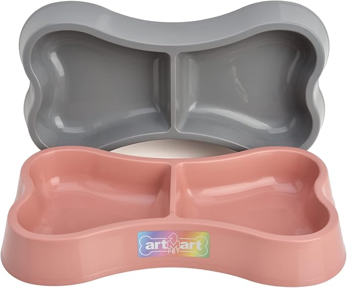 Set of 2 Lightweight Small Dog Puppy Cat Food and Water Bowls 6 oz Double Pink Plastic Portable Outdoor Travel Dish (Pink and Gray Set)