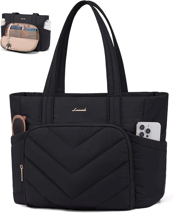 LOVEVOOK Puffer Tote Bag for Women, V-Quilted Puffy Teacher Tote Nurse Bag, Large Shoulder Laptop Purse for Work Travel Gym