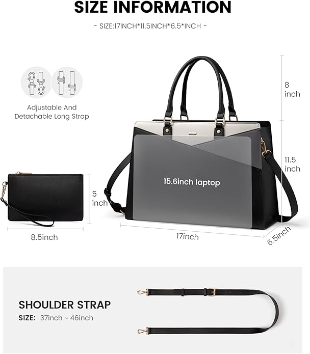 LOVEVOOK Laptop Tote Bag for Women, Leather Business Office Work Bag Computer Briefcase with Small Clutch fit for 15.6 Inch Laptop,Black-Khaki-Coffee