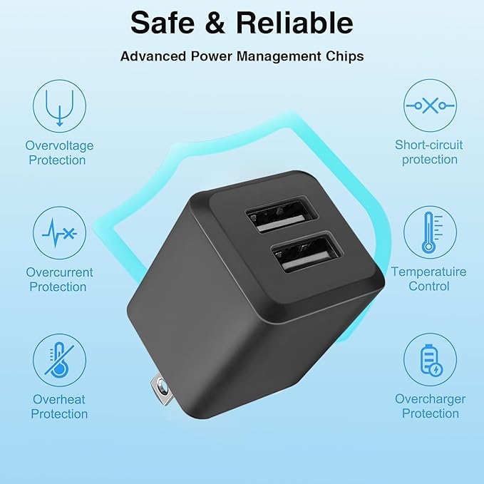USB Wall Charger, Dual Port USB Cube Power Adapter Charger Plug Block Charging Box, Dual Port Wall Fast Charging Adapter, Compatible for i Phone 14 13 12 11，Black