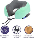 napfun Neck Pillow for Travel with Travel Pouch, Sleep Mask & Earplugs, Memory Foam Airplane Pillow for Headrest Sleep with Eyeshades, Plane Essentials with Eye Blindfold, Turquoise Striped Kit