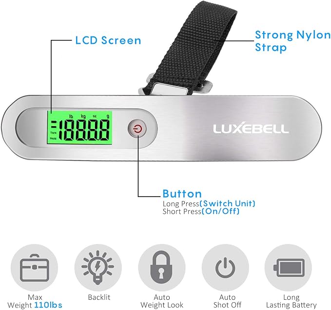 Digital Luggage Scale Vacation Travel Essentials Accessories Gifts for Traveler Portable Suitcase Handheld Weight Scale 110 lbs Hanging Baggage Travel Must Haves