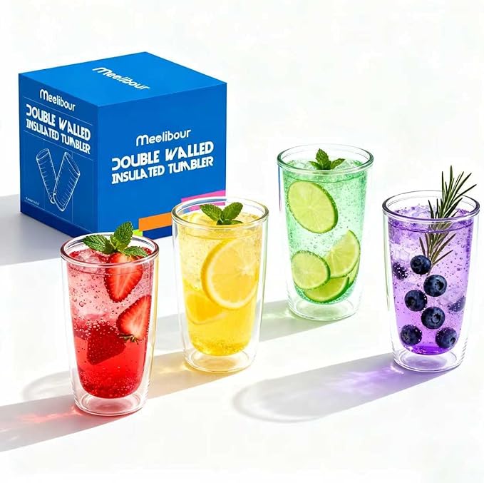 Unbreakable 16oz Tumblers Set of 4 - Plastic Double Wall Insulated Cups, Shatterproof Clear Travel Mugs Keep Drinks Cold & Hot, Reusable BPA-Free for Camping, Party, Office, Home Use (Hand Wash)