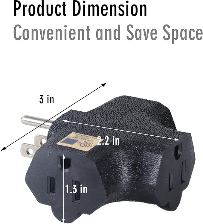 3 Way Plug Adapter - UL Listed - Outdoor Outlet Splitter 3 Prong - Electrical Outlet Extender, Wall Outlet Expander, Outdoor Heavy Duty Triple Plug Outlet Adapter