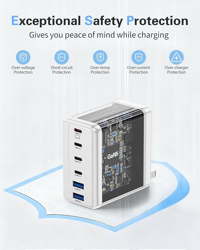 2 Pack 200W USB C Charger, Laptop Fast Charger, 6-Port Wall Charger Type C Charging Block Power Adapter for MacBook Pro, Dell XPS, iPhone 17, iPad, Tablet, Chromebook and More (White)