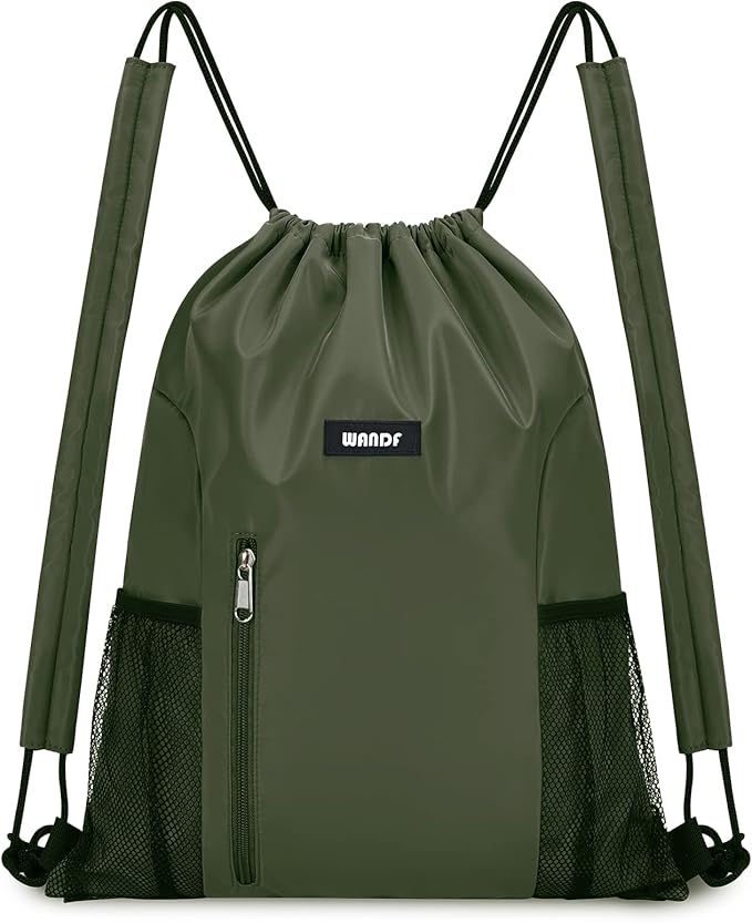 WANDF Drawstring Backpack with Shoulder Pad Sports Gym Backpack with Mesh Pocket String Bag for Women Men(Dark green)