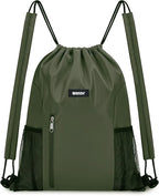 WANDF Drawstring Backpack with Shoulder Pad Sports Gym Backpack with Mesh Pocket String Bag for Women Men(Dark green)