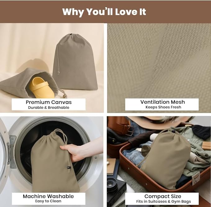 LFH Cotton Rich Shoe Storage Bags with Drawstring, Dustproof Breathable Reusable Organizer, Perfect For Travel, Dorm, Hotel, College, Gym, Easy to Carry, Machine Washable 8"x17" (Pack of 2) - Chambray