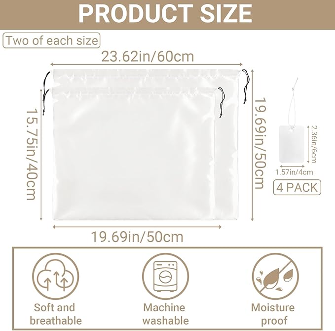 Q&J Fabric Co. 4 Pack Satin Dust Bag 15.7x19.7 inch and 19.7x23.6 inch White 100% Polyester Silk Bag Purse Dust Bag Shoe Bags for Closet Purse Protector Bag Dust Covers for Purses