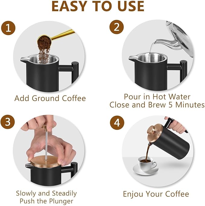 Black Mini French Press Coffee Maker 12oz, Single Cup French Press with Rose Gold Lid, 3 Extra Filters & 1 Gold Spoon(350ml Compact Travel Size) Dishwasher Safe