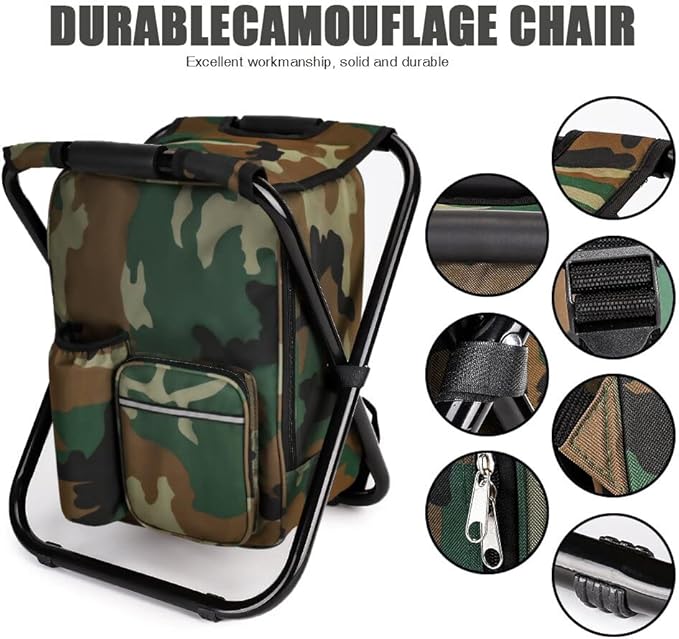 YESIACE Portable Hiking Camouflage Camping Stool, Folding Camping Chair Stool Backpack with Cooler Insulated Picnic Bag