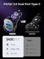 Car Charger USB C, 4 Port 90W Super Fast Charging for iPhone 17 Car Adapter, Dual PD 45W Type C & QC 3.0 USB A Multiport Car Cigarette Lighter Accessories for iPhone 16 15, iPad, Galaxy S26, Titanium