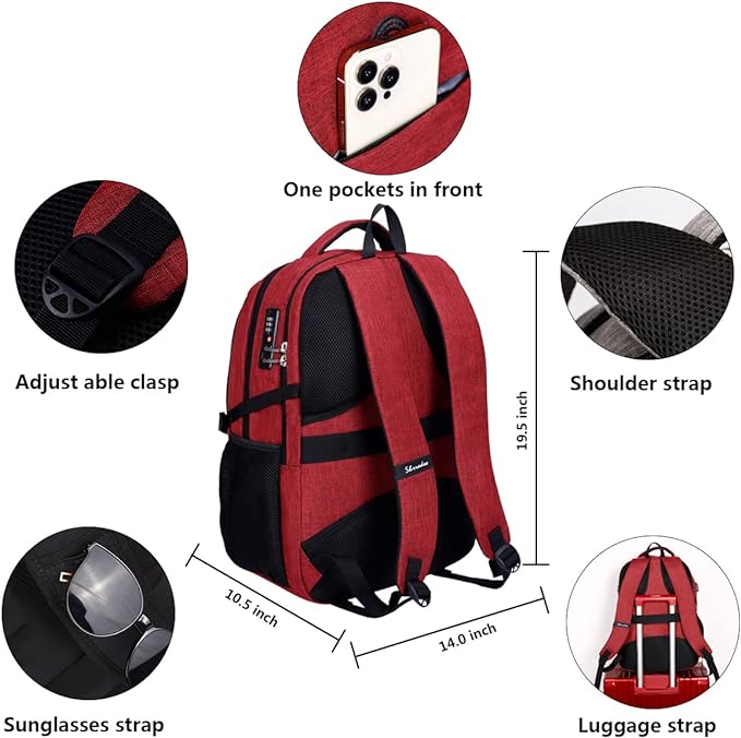 SHRRADOO Anti Theft Laptop Backpack Travel Backpacks with Combination Lock for Women Men College Backpack Computer Bag Fits 17 Inch Laptop,Wine Red