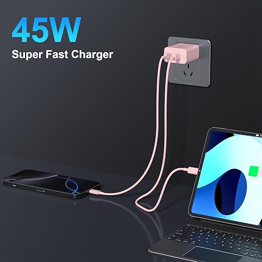 iPhone 17 16 15 Charger Fast Charging, 45W Dual USB C Android Phone Charger Block with 10FT Long Type C Cable Cord for Apple iPhone 17/Pro/Pro Max/Air/16/15 Plus/iPad/S26 Ultra/S25/S24/S23/S22(Pink)