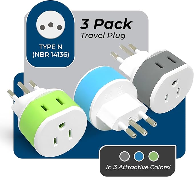 OREI Brazil Travel Plug Adapter with 2 USA Inputs - Travel 3 Pack - Type N (US-11C) Safe Grounded Use with Cell Phones, Laptop, Camera Chargers, CPAP, and More