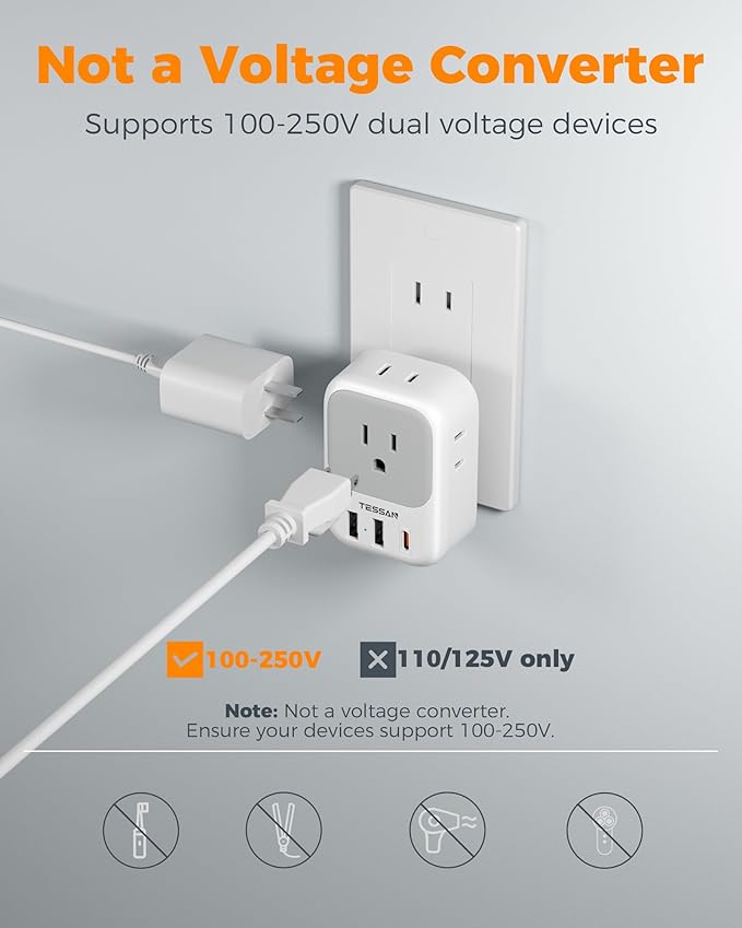 TESSAN 2 Prong to 3 Prong Outlet Adapter 2 Pack, US to Japan Plug Adapter with 4 Outlets 3 USB (1 USB C PD 20W), Outlet Adaptor US to Japan China Mexico Philippines Canada Peru Thailand Vietnam