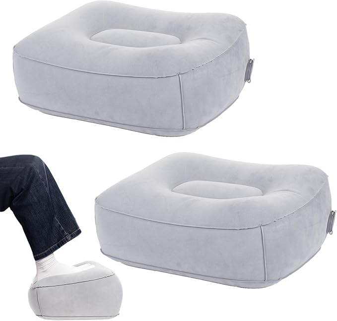 Inflatable Foot Rest for Airplane Travel & Office, Portable Leg Rest Pillow, Elevating Feet for Economy Flight, Home Desk, Car Use - Grey(2Pcs)