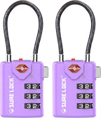 SURE LOCK TSA Approved Combination Luggage Locks with Open Alert Indicator – Durable Zinc Alloy Cable Travel Locks with Large Easy-Read Dials for Suitcases, Backpacks & Gym Bags(2, Purple 2 Pack)