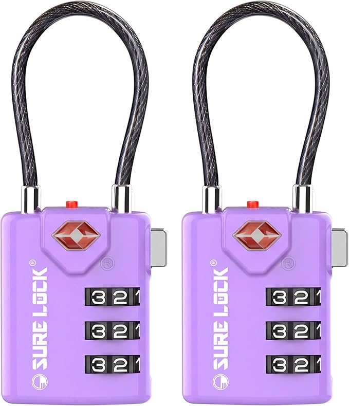 SURE LOCK TSA Approved Combination Luggage Locks with Open Alert Indicator – Durable Zinc Alloy Cable Travel Locks with Large Easy-Read Dials for Suitcases, Backpacks & Gym Bags(2, Purple 2 Pack)