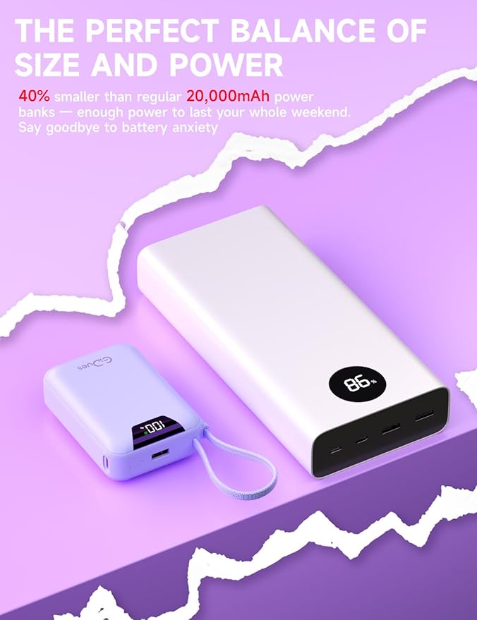 M2 Portable Charger, 20000mAh Power Bank, PD 35W Ultra Fast USB-C Built-in Cable, Compact Cute Mini External Battery Pack for iPhone, Samsung, Android iPad (Purple)