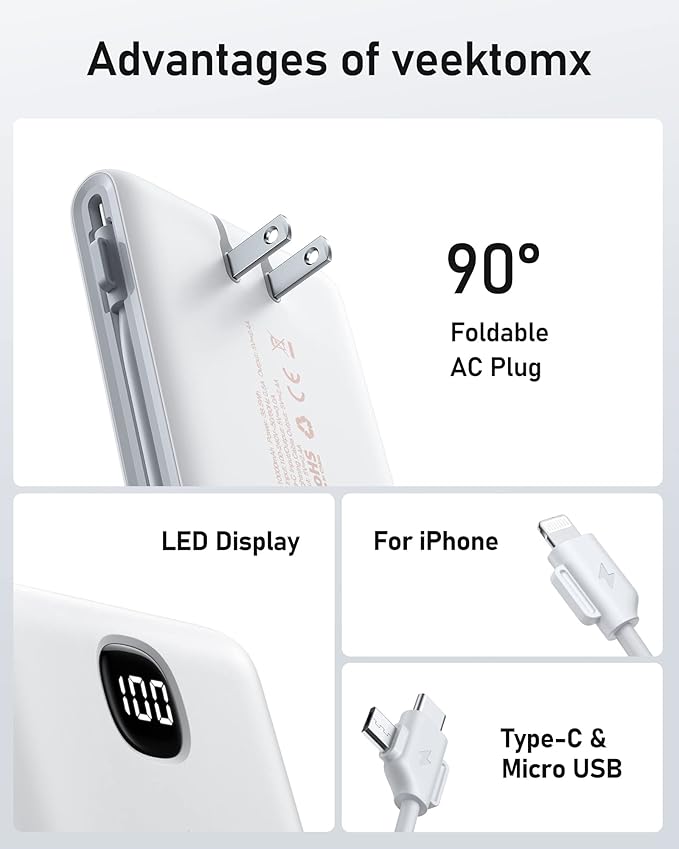 Portable Charger for iPhone Built in Cables and Wall Plug 10000mAh, Power Bank for Phone, USB C Slim Battery Pack with LED Display Compatible with iPhone 17/16/15/14, Samsung
