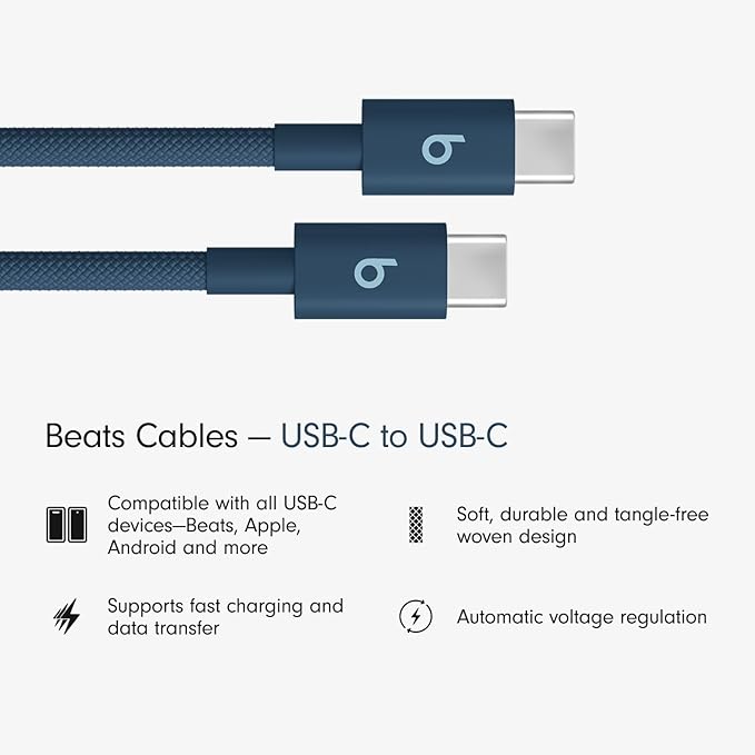 Beats USB-C to USB-C Woven Cable Fast Charging Durable/Tangle-Free Compatible Charger for Apple & Android Devices (1.5 m, 5 ft) - Nitro Navy