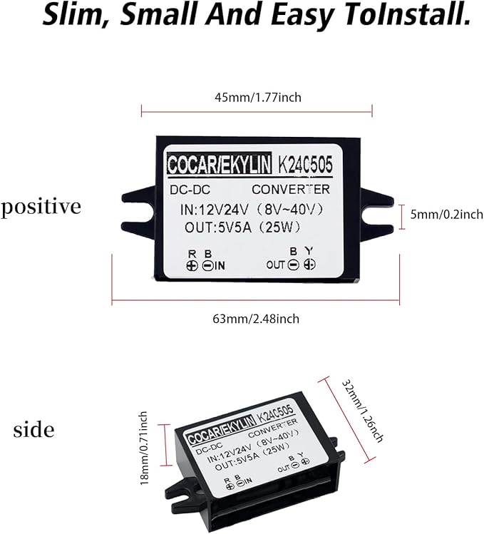 DC 12v 24v to 5v Step Down Converter Regulator 5A 25W Power Adapter Reducer for Car Electronics Truck Vehicle Boat Solar System (Accept DC 8-40V Inputs)