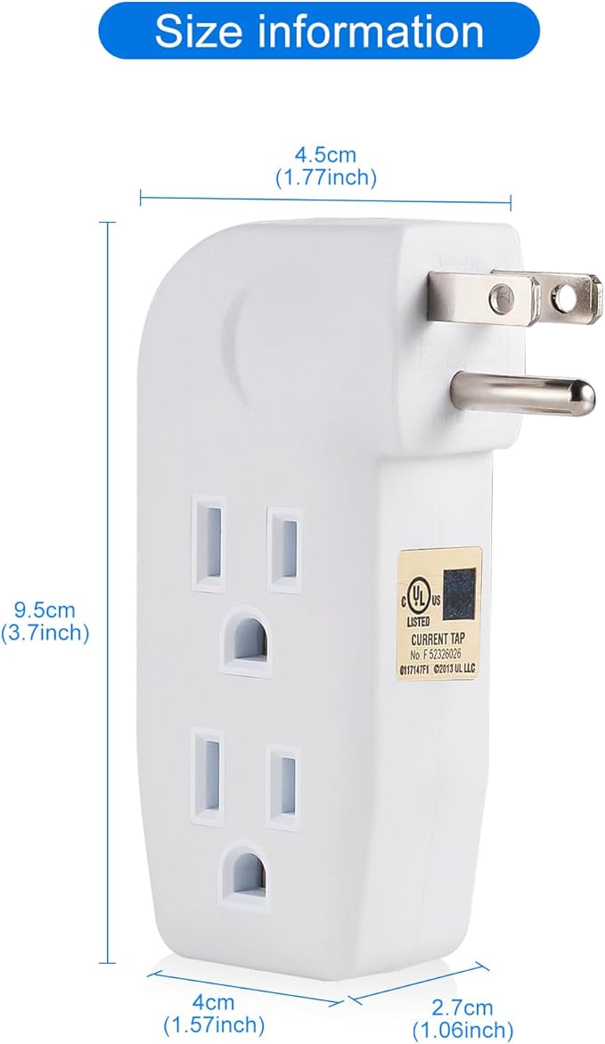 3 Outlet Wall Adapter, UL Listed 1875W/15Amps 3-Prong Grounded Vertical Outlet to The Side, Wall Plug Side Access Adapter, 3 Way Power Splitter Outlet Extender Tap, White (2 Pack), FM-LA30-W