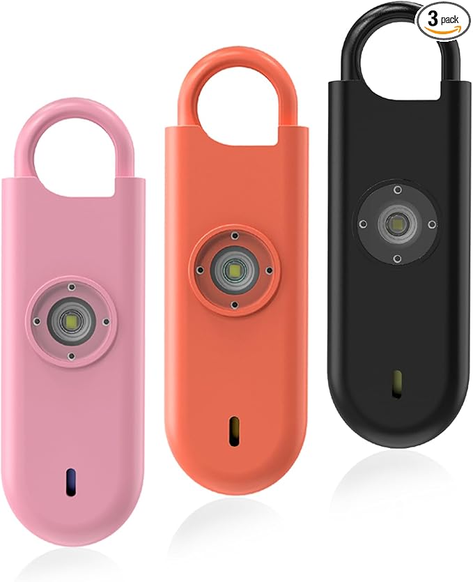 Fauxomor 140dB Personal Safety Alarm for Women, 3 Pack Safe Alarm Protection Keychain with Strobe Light & Low Battery Notice, Security Siren Self Defense for Seniors College Girls, Pink+Orange+Black