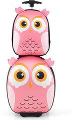 HONEY JOY Kids Luggage, 12” Children Hardshell Backpack & 16” Toddler Travel Rolling Suitcase, 2 Pcs Lightweight Carry On Luggage Set, Kids Luggage with Wheels for Girls & Boys(Pink Owl)