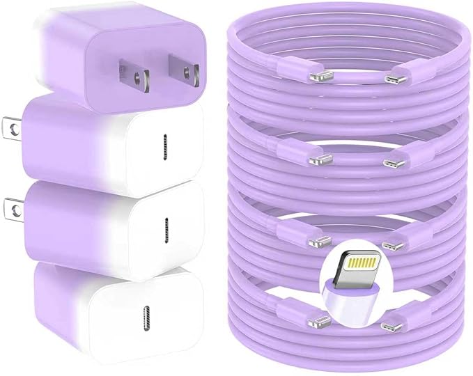 GREPHONE iPhone Charger Fast Charging,20W PD USB C Wall Charger 4 Pack with 6FT Fast Charging Cable - Fast Charger for iPhone 14/14 Pro Max/13/13 Pro/12/12 Pro/11/11 Pro/XS, iPad(Purple)