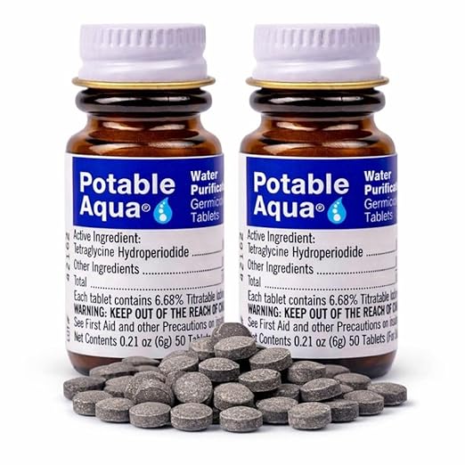 Potable Aqua Water Purification Tablets, Portable and Effective Water Purification Solution for Camping, Hiking, Emergencies, Natural Disasters and International Travel, Two 50ct Bottles, Blue