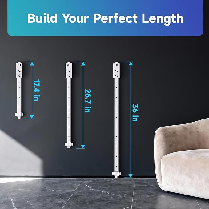 Electrical Outlet Extender Stick - Modular Expandable Power Extender with 2 AC Outlets & 3 USB Ports, for Behind Furniture