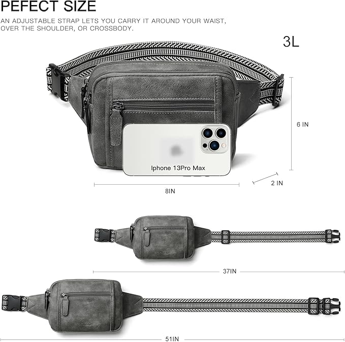 LATMAP 3L TRIPLE ZIP Fanny Packs Belt Bag For Women Men Crossbody Waist Pack Sling Chest Bum Travel Bag Purse Faux Leather Fashion Cute Dark Grey
