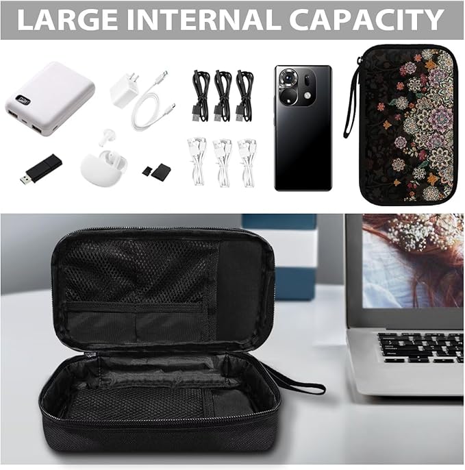 Boho Flower Print Electronic Organizer Travel Universal Accessories Storage Bag Portable for Hard Drives, Cables, Memory Sticks, Charger, Phone, USB, SD Cards