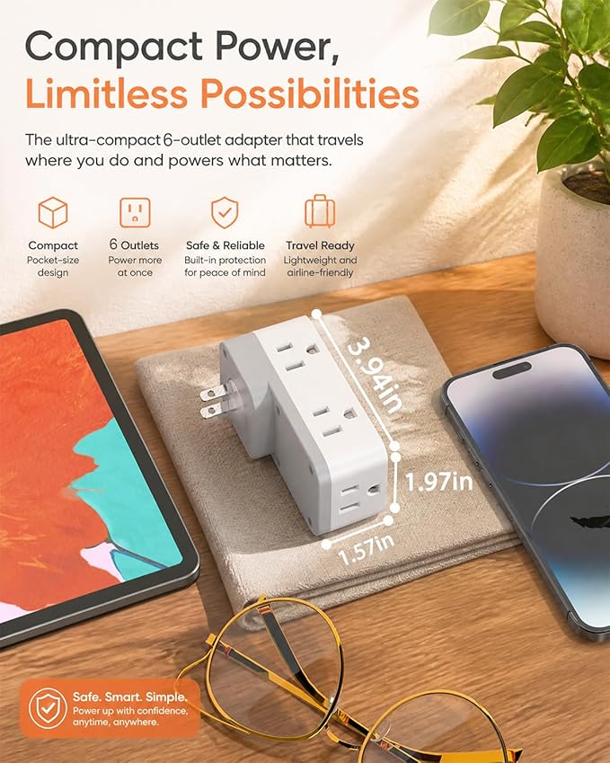 2 Prong to 3 Prong Power Strip,WRXDMC 2 Prong Outlet Adapter with 360° Rotating Plug, Widely Spaced Outlet Extender with 6 AC Outlets, Multi Plug Outlet Splitter, Polarized Plug, Ideal for Old House