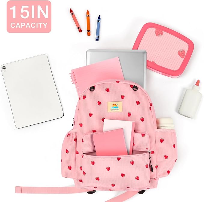 STEAMEDBUN Corduroy Kids Backpack for Girls and Boys 5-8: Girls Backpack for Elementary Kindergarten - 15 inch Cute Backpacks for Kids - Strawberry