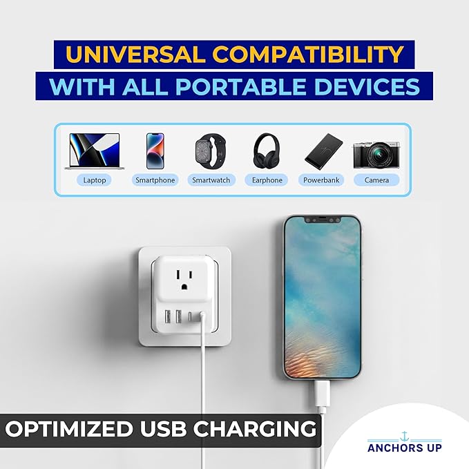 Cruise Approved UK Plug Travel Adapter for Cruise Ships – Non Surge 8-in-1 Multi Plug Extender with 4 AC Outlets, 2 USB & 2 USB-C Ports – Compact Cruise Essential for Cunard, P&O & More