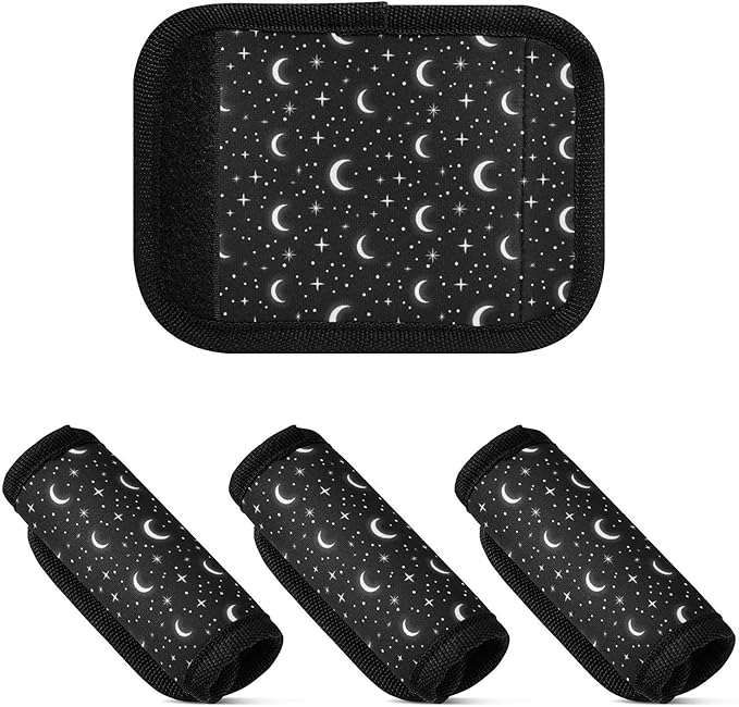 White Moons Stars Black Suitcase Handle Wraps with Writable Luggage Tags, 5.9 x 4.3 Inches Durable Polyester 2 Pack Luggage Handle Wraps for Backpack Strap Pads