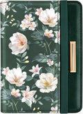 Passport Holder Cover, RFID Travel Wallet Credit Card Holder Cute Green Floral Passport Book Holders for Women with Elastic Band and Golden Metal Decoration, Alpine Green