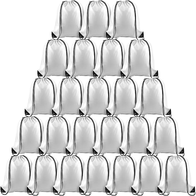 PLULON 25 Pcs White Drawstring Backpack Bags Bulk String Backpack Cinch Sack Pull Sport Gym Backpack Bags for Yoga Traveling Outdoor Sports