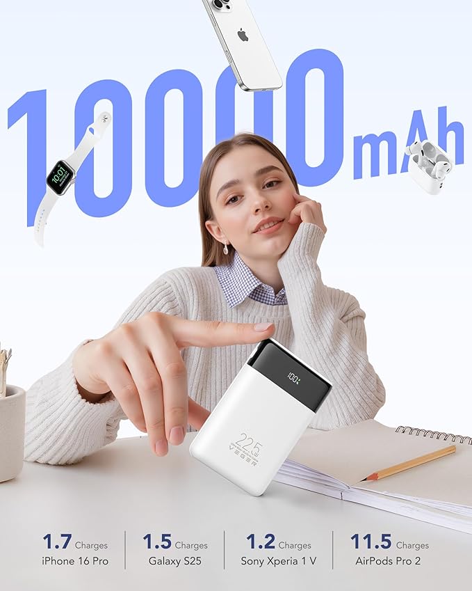 VEGER Portable Charger, Ultra Slim 22.5W Fast Charging with Built in Cable, Flight-Safe 10000mAh USB C Power Bank Battery Pack, Travel Essential Phone Powerbank for iPhone 17 16 Samsung S25 Google etc