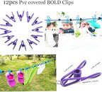 Adjustable Elastic Clothesline with Clips and Positioning Balls Portable Retractable Windproof Laundry Hanging Rope for Travel Camping Indoor Use Anti-Skid Washing Line with Drawstring Bag Purple