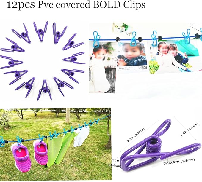 Adjustable Elastic Clothesline with Clips and Positioning Balls Portable Retractable Windproof Laundry Hanging Rope for Travel Camping Indoor Use Anti-Skid Washing Line with Drawstring Bag Purple
