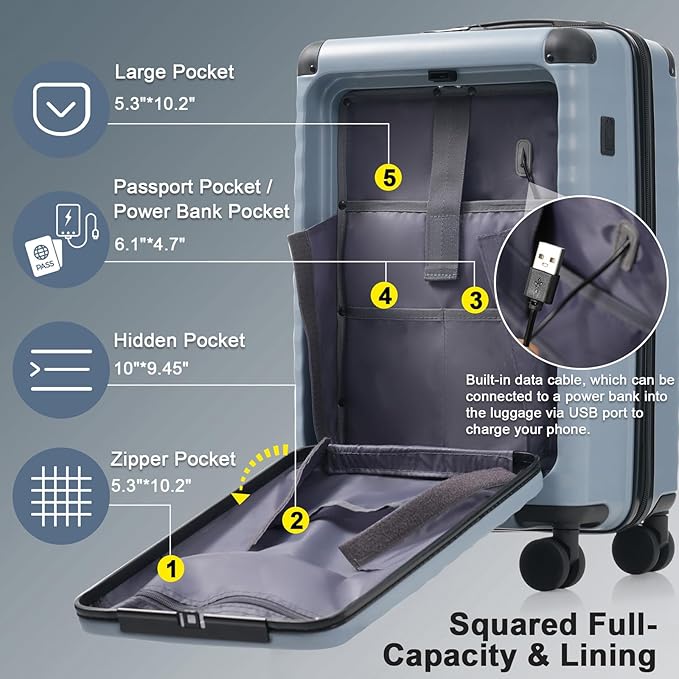 5 Piece Luggage Set w/TSA Locks & USB Port, Front Opening Hard Shell Luggage Sets, Expandable Suitcase Set with Wheels and Cup Holder(20"/24"/28") (Sky Blue)