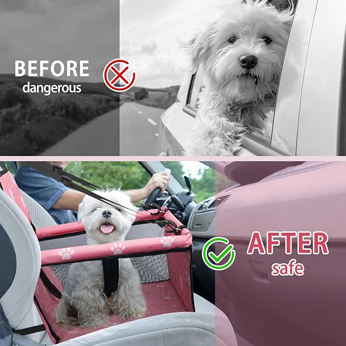 Dog Car Seat Foldable Dog Car Booster Seat Waterproof Breathable Oxford Travel Bag for Small to Medium Dogs, Puppies, and Pets-Footprint Pink