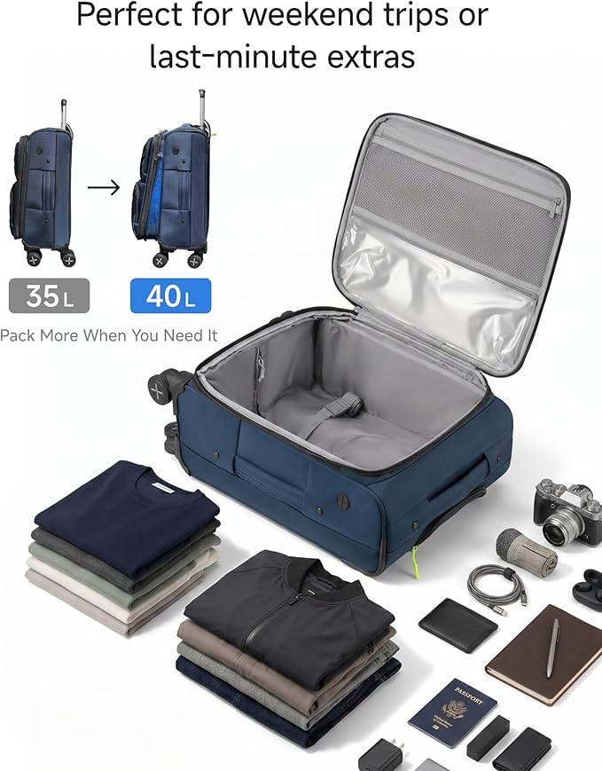 LUGGEX Carry On Luggage with Wheels, Expandable Soft Sided Rolling Suitcase with 8 Spinner Wheels & Aluminum Handle, Lightweight Travel Bag for Business Weekend Trip (UX-Core, Blue,20 Inch)