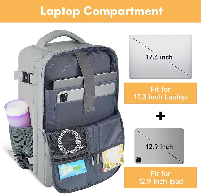 Taygeer Carry On Backpack for Men Women, Travel Backpack with Water Bottle Pocket & Shoe Pouch, Laptop Mochila 17.3inch Flight Approved, College Teacher Tote Bag for Business Travel, Grey