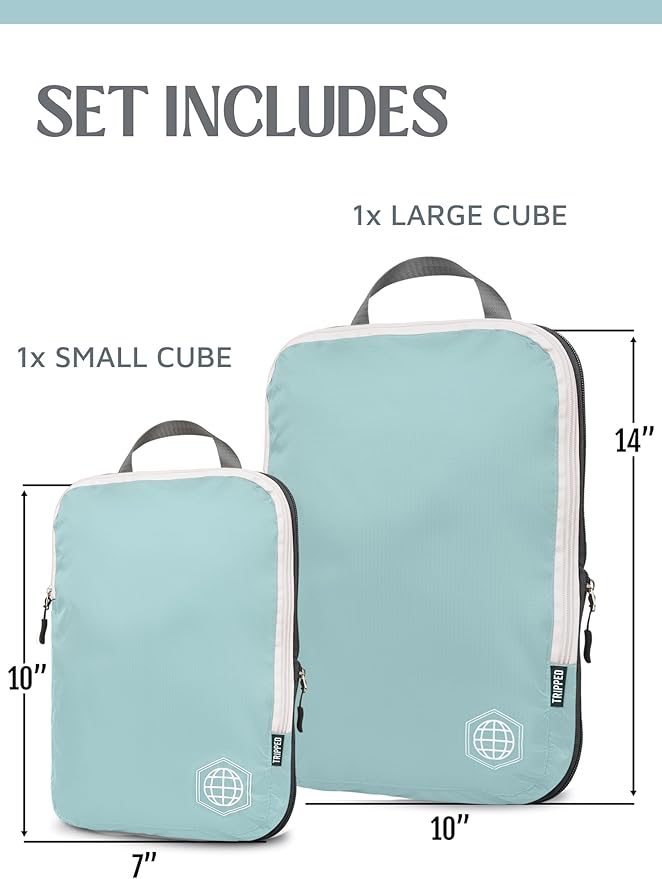 Compression Packing Cubes for Travel, 2-Piece Lightweight Packing Cubes Set for Carry-On Luggage & Backpacks – TRIPPED Travel Gear (Dusty Teal/White)